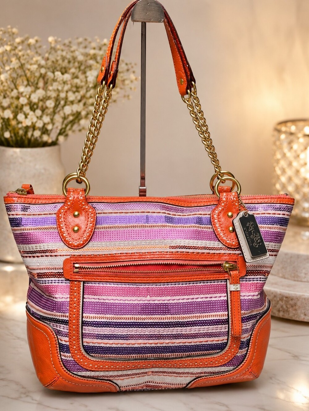 Coach Poppy Sequin Stripe Tote 23843 Orange Purple Gold Chain Y2K Style